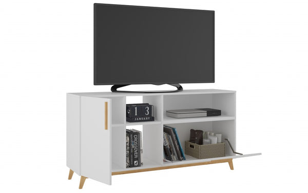Homeroots Modern White And Natural Asymmetrical Tv Stand  Solid Wood 389032