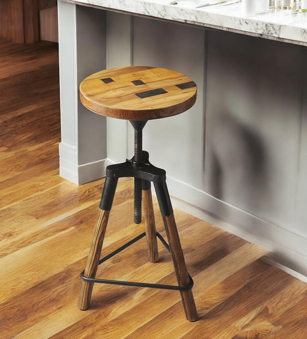 Homeroots Brown And Black Manufactured Wood And Iron Backless Counter Height Swivel Bar Chair   389039