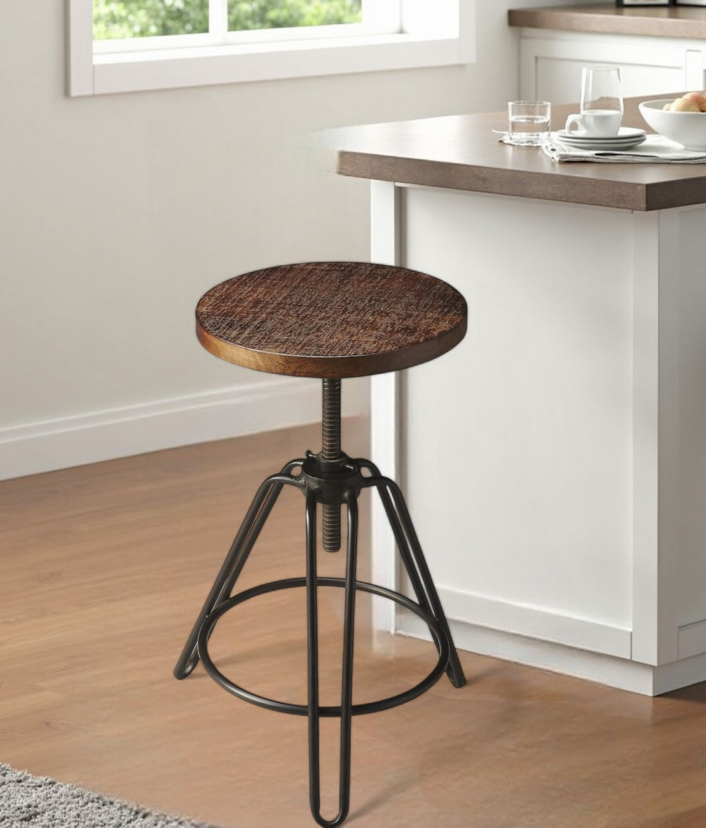 Homeroots 29" Brown And Gray Iron Swivel Backless Counter Height Swivel Bar Chair   389041