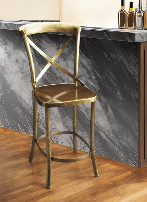 HomeRoots 24" Gold Iron Bar Chair - Elegant Monochrome Design with Full Back and Integrated Footrest for Comfort 389046
