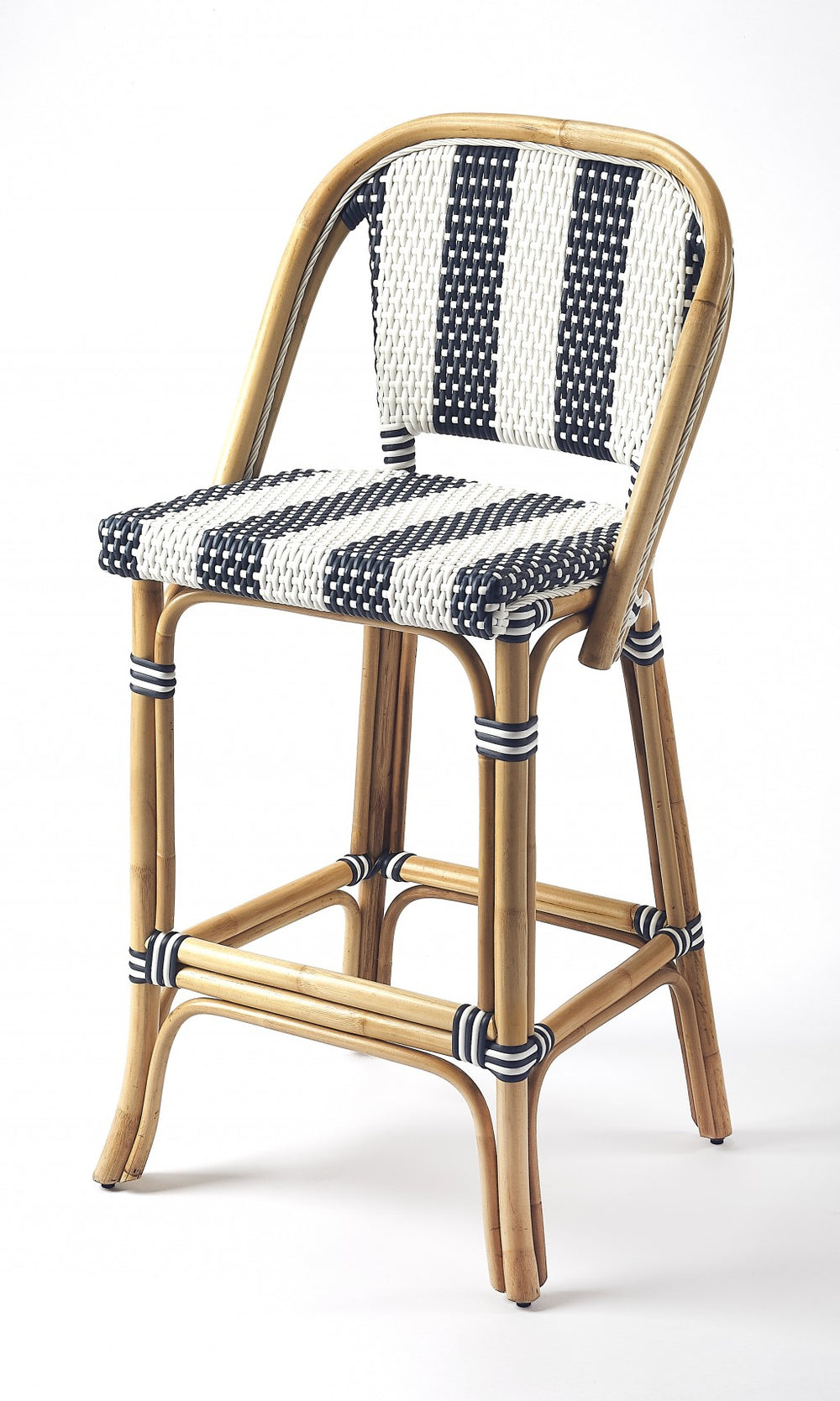 Homeroots 28" Blue And White And Natural Rattan Bar Chair   389048