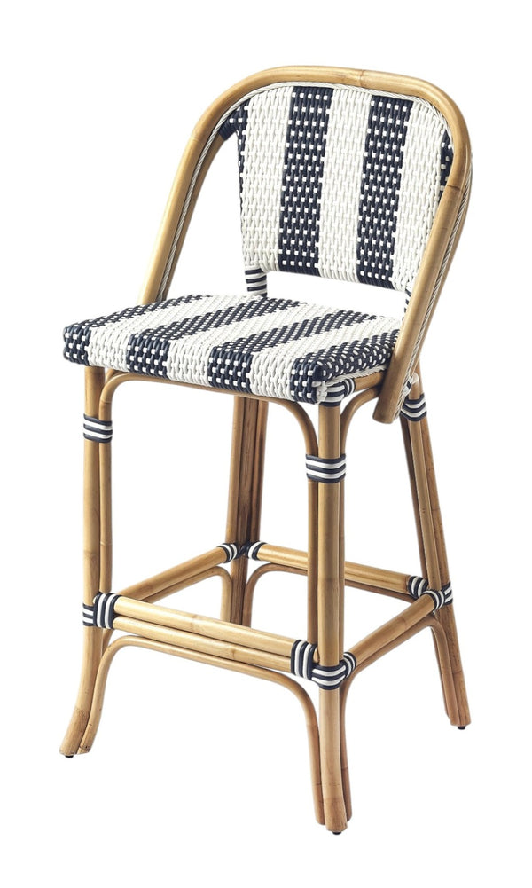 HomeRoots 28" Coastal-Inspired Blue and White Rattan Bar Chair with Integrated Footrest for Stylish Comfort 389048