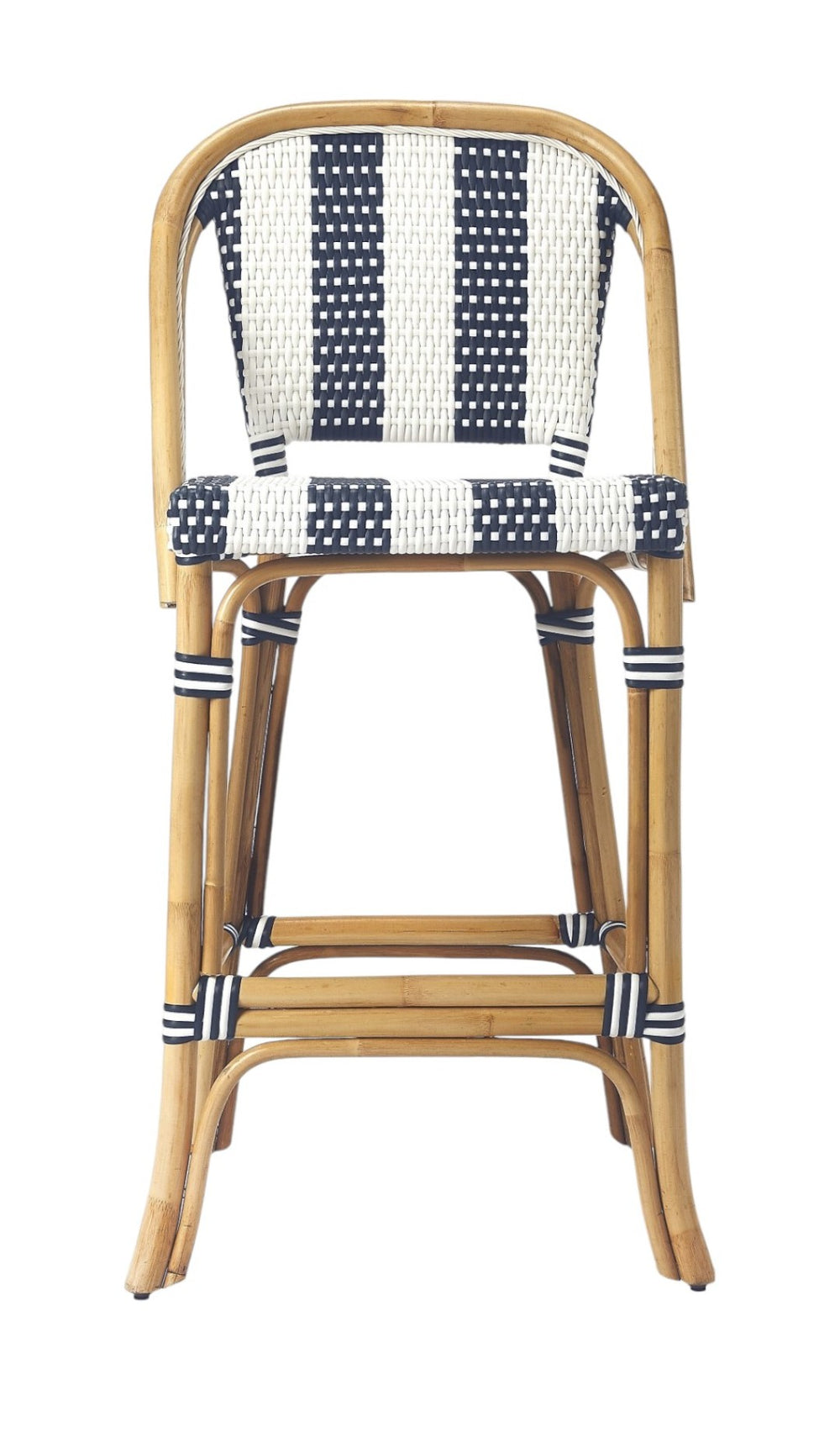 HomeRoots 28" Coastal-Inspired Blue and White Rattan Bar Chair with Integrated Footrest for Stylish Comfort 389048