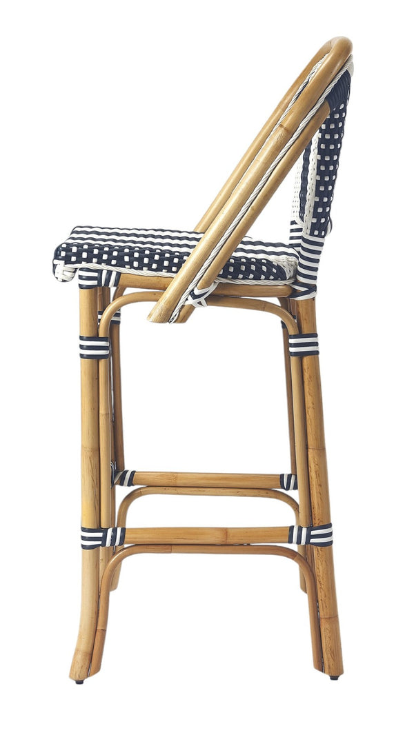 HomeRoots 28" Coastal-Inspired Blue and White Rattan Bar Chair with Integrated Footrest for Stylish Comfort 389048