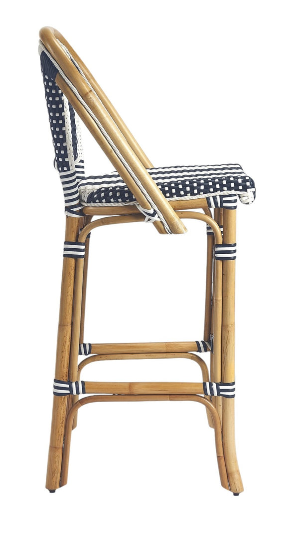 HomeRoots 28" Coastal-Inspired Blue and White Rattan Bar Chair with Integrated Footrest for Stylish Comfort 389048