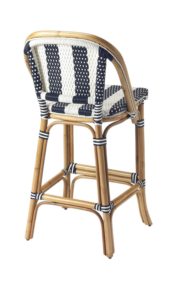 HomeRoots 28" Coastal-Inspired Blue and White Rattan Bar Chair with Integrated Footrest for Stylish Comfort 389048