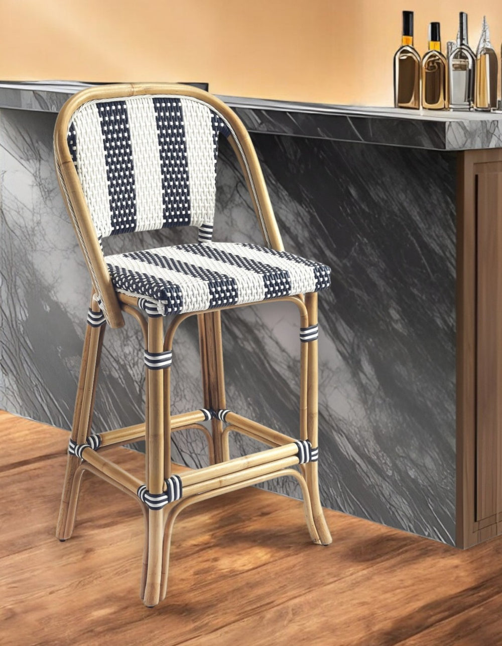 HomeRoots 28" Coastal-Inspired Blue and White Rattan Bar Chair with Integrated Footrest for Stylish Comfort 389048