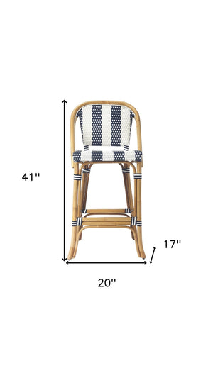 HomeRoots 28" Coastal-Inspired Blue and White Rattan Bar Chair with Integrated Footrest for Stylish Comfort 389048
