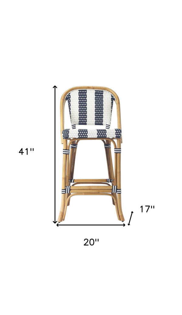 HomeRoots 28" Coastal-Inspired Blue and White Rattan Bar Chair with Integrated Footrest for Stylish Comfort 389048