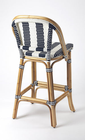Homeroots 28" Blue And White And Natural Rattan Bar Chair   389048