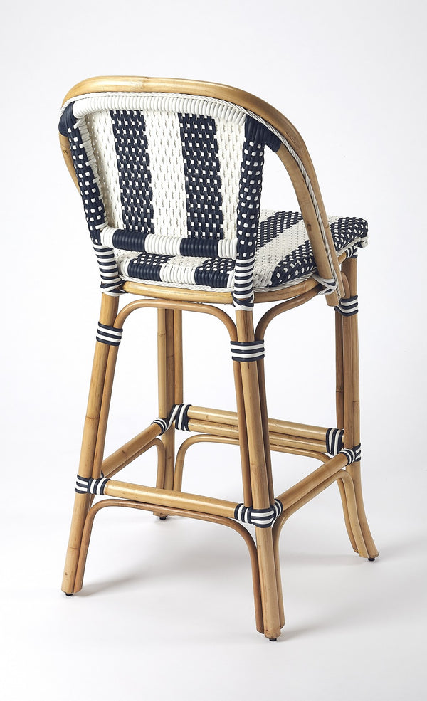 Homeroots 28" Blue And White And Natural Rattan Bar Chair   389048
