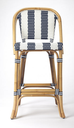 Homeroots 28" Blue And White And Natural Rattan Bar Chair   389048