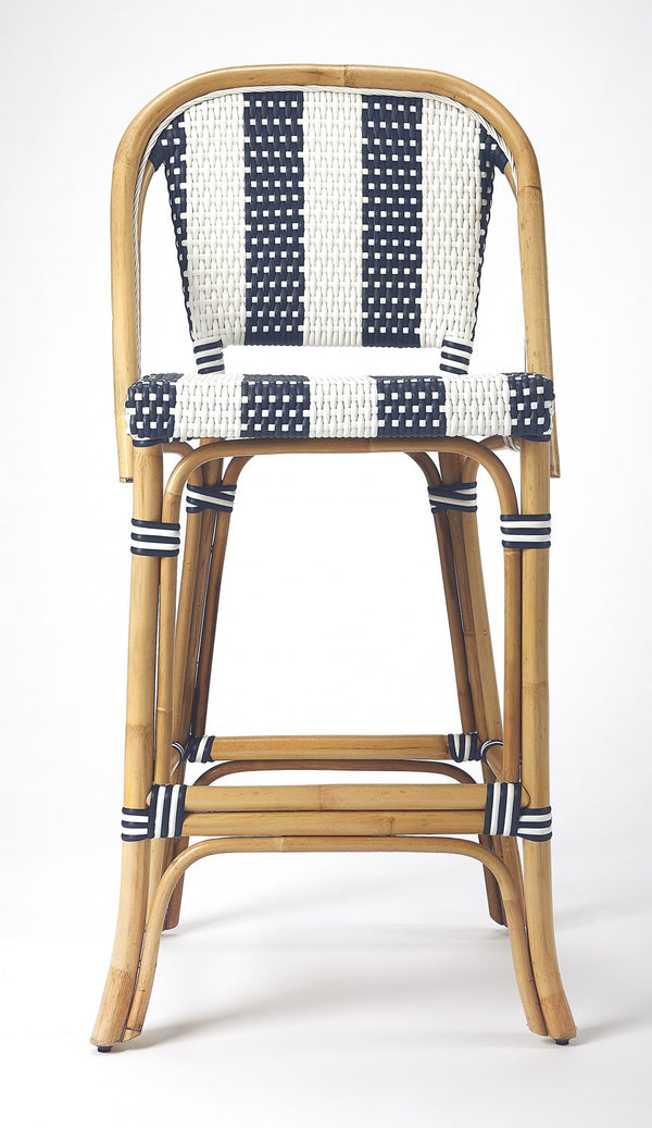 Homeroots 28" Blue And White And Natural Rattan Bar Chair   389048