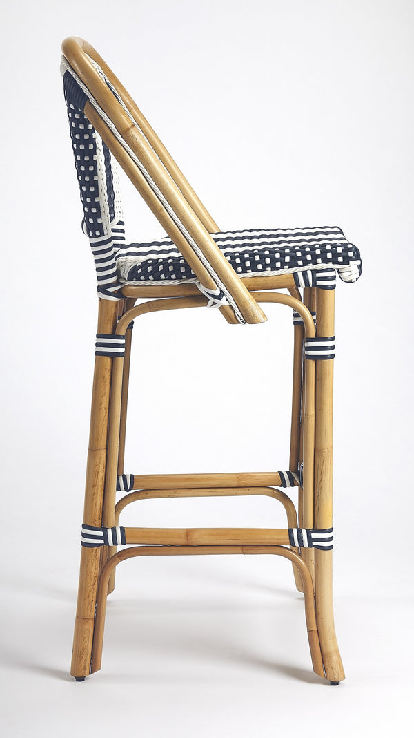 Homeroots 28" Blue And White And Natural Rattan Bar Chair   389048