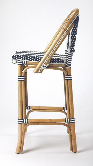 Homeroots 28" Blue And White And Natural Rattan Bar Chair   389048