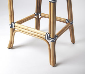 HomeRoots 28" Coastal-Inspired Blue and White Rattan Bar Chair with Integrated Footrest for Stylish Comfort 389048