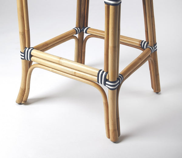 HomeRoots 28" Coastal-Inspired Blue and White Rattan Bar Chair with Integrated Footrest for Stylish Comfort 389048