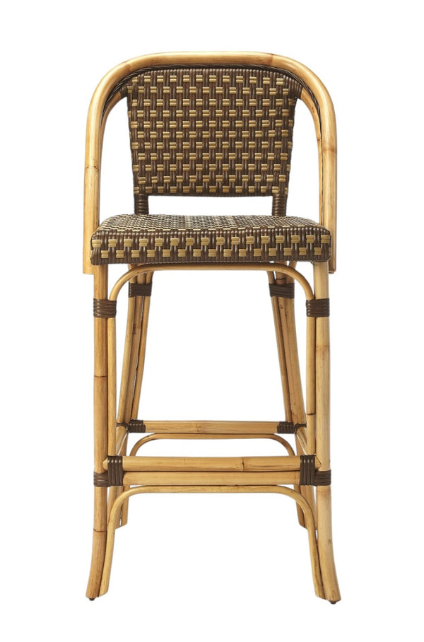 HomeRoots 28" Brown Rattan Bar Chair - Stylish Full-Back Seating for Kitchen Islands & Counter Areas, Durable Design 389049