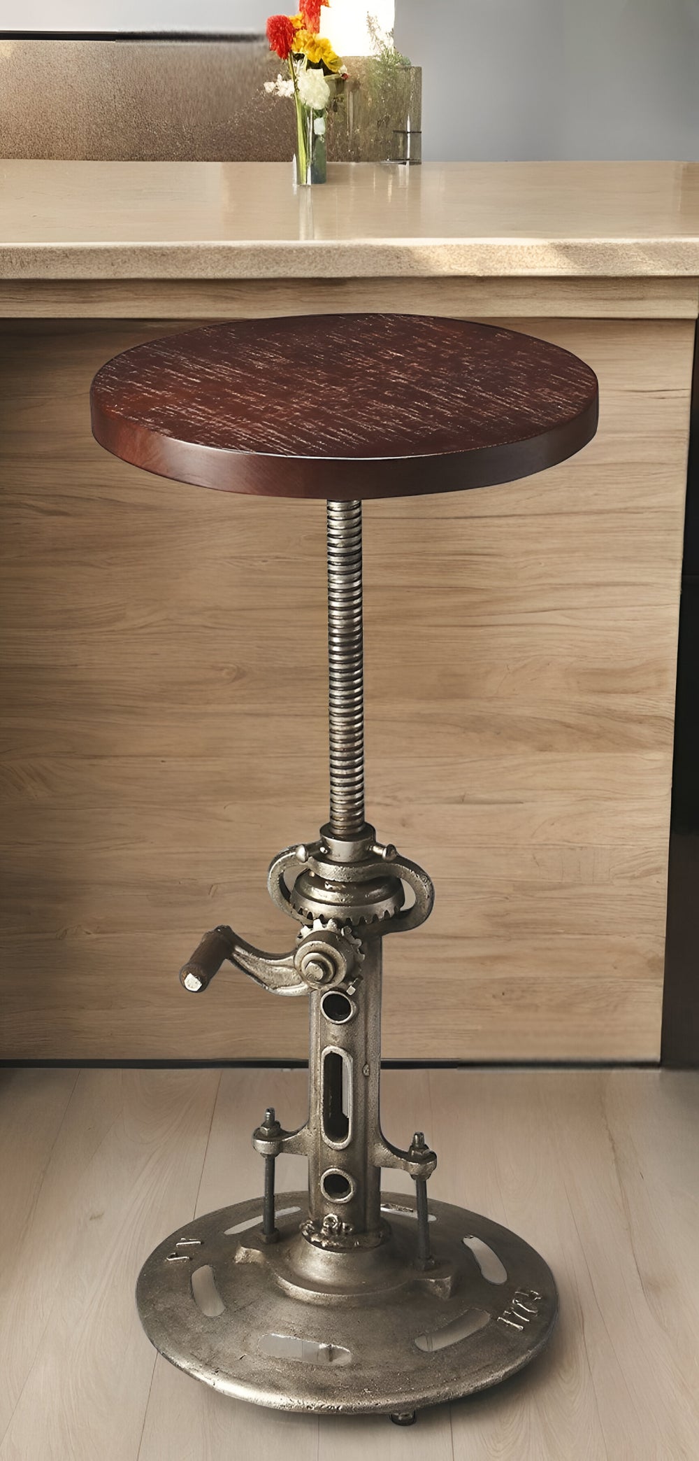 Homeroots 27" Brown And Silver Iron Swivel Counter Height Bar Chair   389059