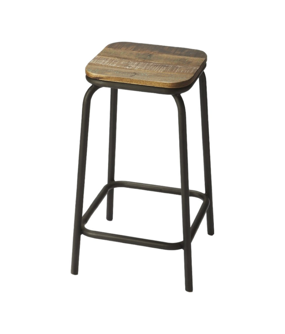 HomeRoots 25" Backless Counter Height Bar Chair - Solid Wood & Matte Black Iron, Perfect for Compact Spaces! 389060