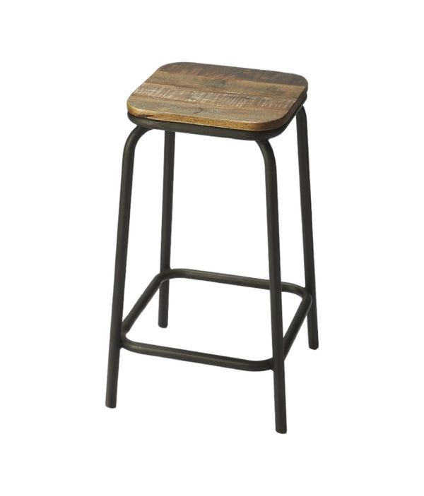 HomeRoots 25" Backless Counter Height Bar Chair - Solid Wood & Matte Black Iron, Perfect for Compact Spaces! 389060