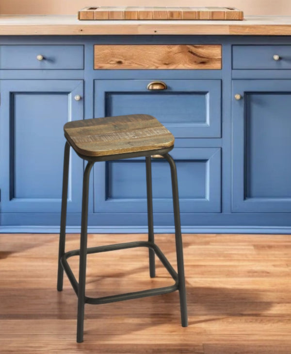 HomeRoots 25" Backless Counter Height Bar Chair - Solid Wood & Matte Black Iron, Perfect for Compact Spaces! 389060