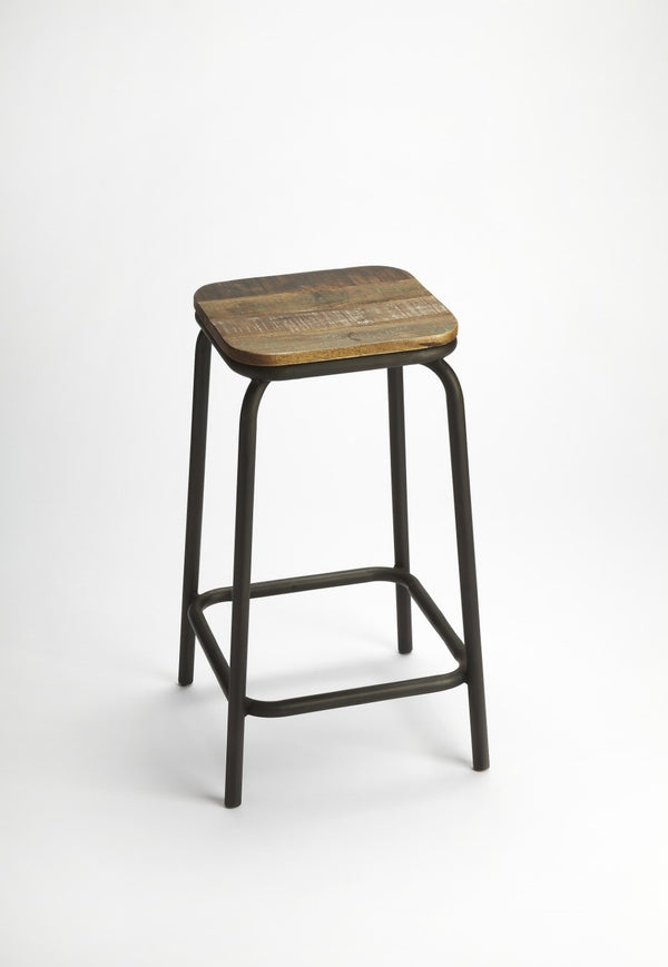 HomeRoots 25" Backless Counter Height Bar Chair - Solid Wood & Matte Black Iron, Perfect for Compact Spaces! 389060