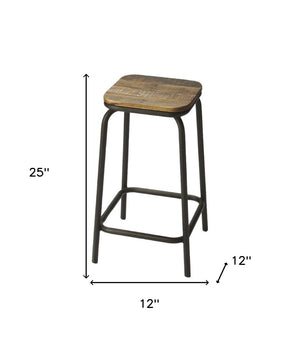 HomeRoots 25" Backless Counter Height Bar Chair - Solid Wood & Matte Black Iron, Perfect for Compact Spaces! 389060