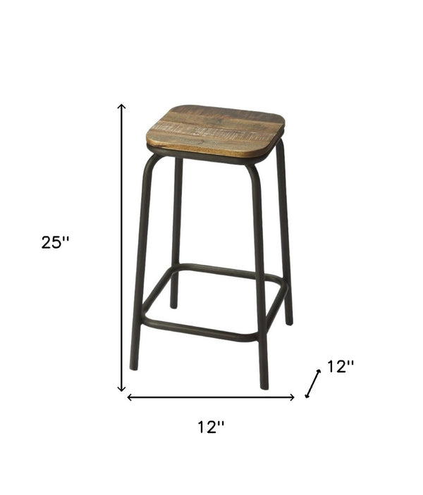 HomeRoots 25" Backless Counter Height Bar Chair - Solid Wood & Matte Black Iron, Perfect for Compact Spaces! 389060