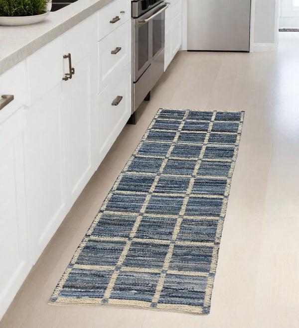 Homeroots 3' X 8' Blue And Gray Grid Runner Rug  Denim,Chenille 389077