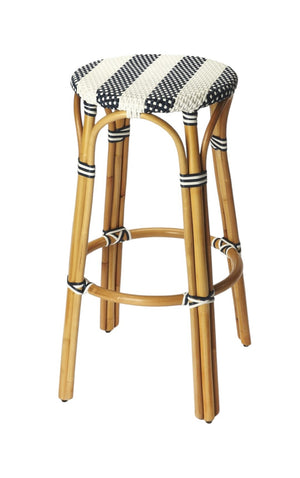 HomeRoots 30" Rattan Backless Bar Stool - Stylish Blue and White Accent for Indoor-Outdoor Coastal Charm 389081