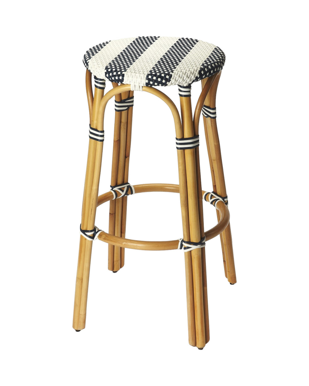 Homeroots 30" Blue And White And Natural Heavy Duty Rattan Backless Bar Height Bar Chair   389081