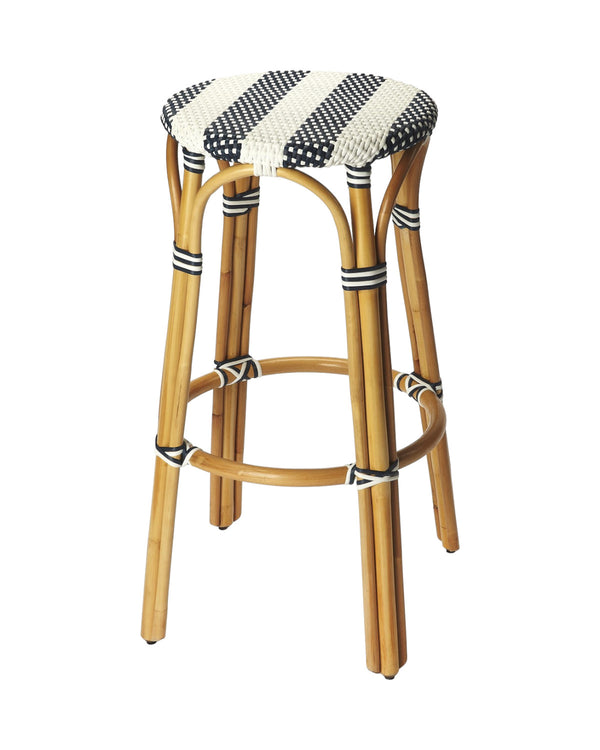 Homeroots 30" Blue And White And Natural Heavy Duty Rattan Backless Bar Height Bar Chair   389081