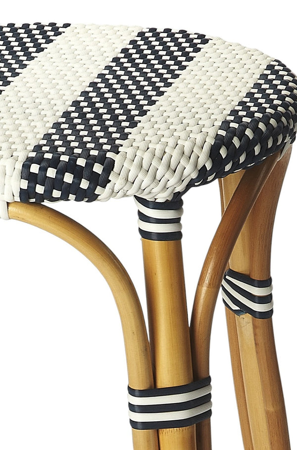 HomeRoots 30" Rattan Backless Bar Stool - Stylish Blue and White Accent for Indoor-Outdoor Coastal Charm 389081