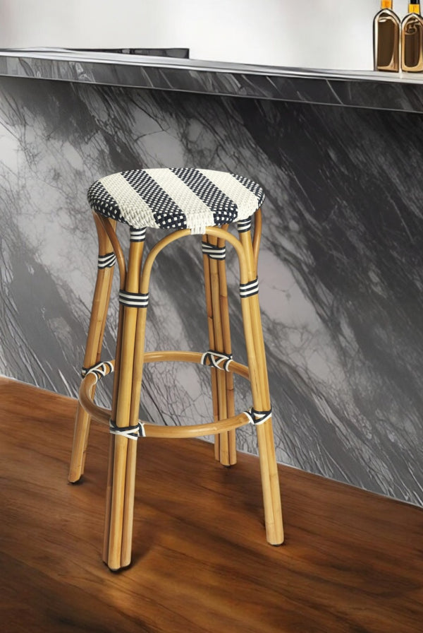 HomeRoots 30" Rattan Backless Bar Stool - Stylish Blue and White Accent for Indoor-Outdoor Coastal Charm 389081