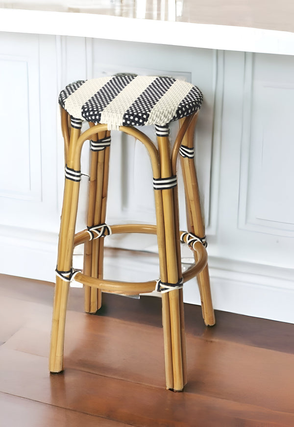 Homeroots 30" Blue And White And Natural Heavy Duty Rattan Backless Bar Height Bar Chair   389081