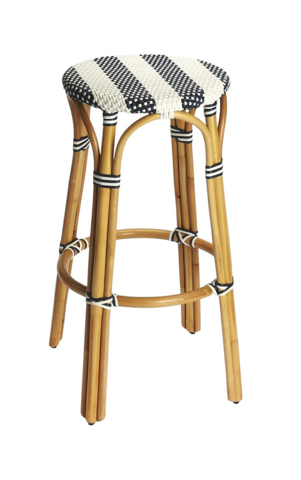 HomeRoots 30" Rattan Backless Bar Stool - Stylish Blue and White Accent for Indoor-Outdoor Coastal Charm 389081