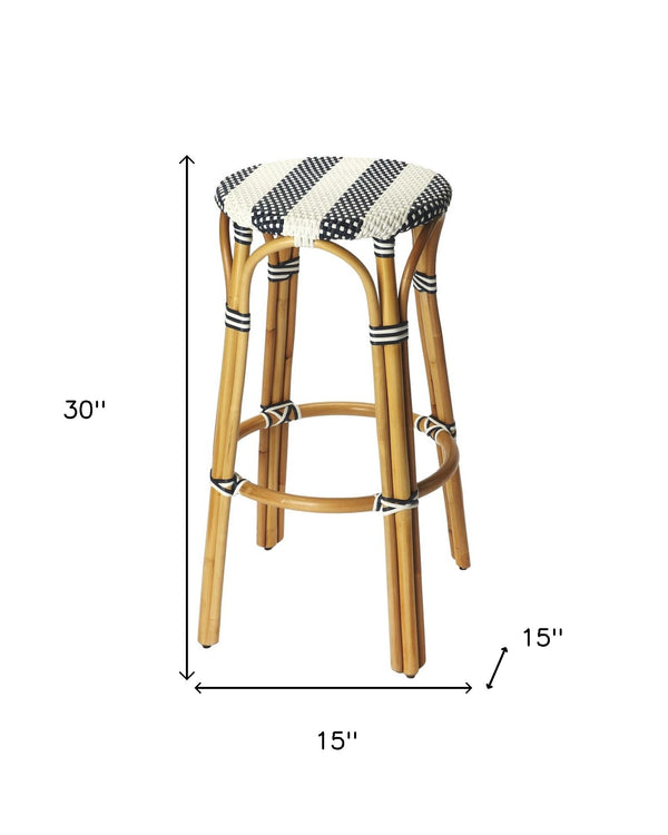 Homeroots 30" Blue And White And Natural Heavy Duty Rattan Backless Bar Height Bar Chair   389081