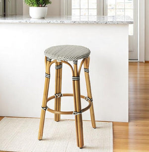 HomeRoots 30" Stylish Natural Black and White Rattan Bar Stool - Perfect for Indoor and Outdoor Spaces! 389082