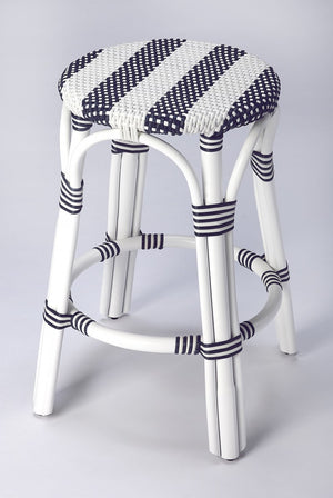 HomeRoots 24" Stylish Blue & White Rattan Backless Counter Stool – Perfect for Indoor & Outdoor Spaces! 389083