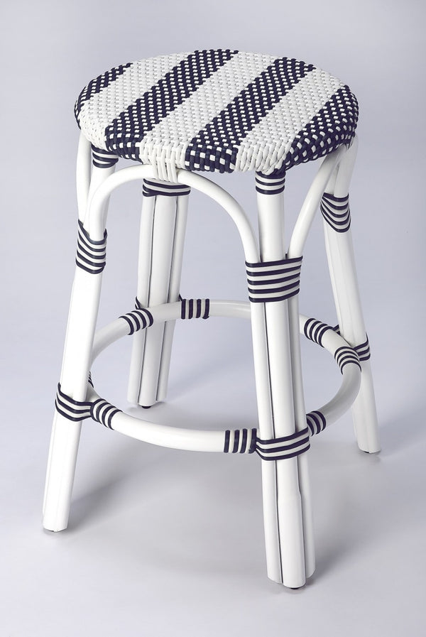 HomeRoots 24" Stylish Blue & White Rattan Backless Counter Stool – Perfect for Indoor & Outdoor Spaces! 389083
