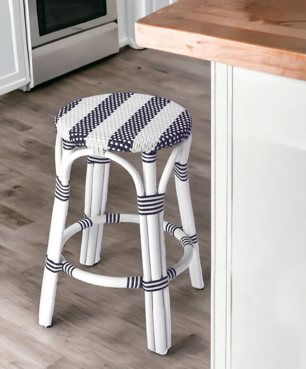 HomeRoots 24" Stylish Blue & White Rattan Backless Counter Stool – Perfect for Indoor & Outdoor Spaces! 389083