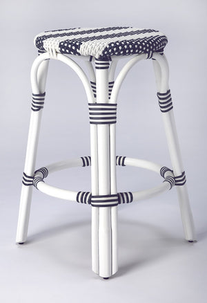 HomeRoots 24" Stylish Blue & White Rattan Backless Counter Stool – Perfect for Indoor & Outdoor Spaces! 389083