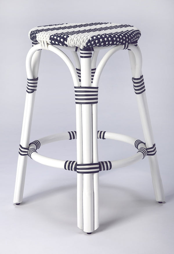 HomeRoots 24" Stylish Blue & White Rattan Backless Counter Stool – Perfect for Indoor & Outdoor Spaces! 389083