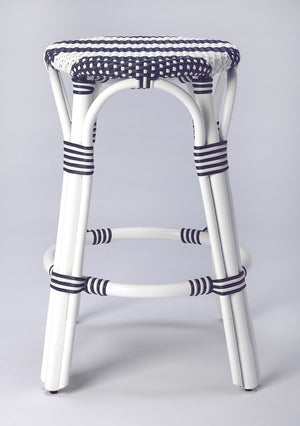HomeRoots 24" Stylish Blue & White Rattan Backless Counter Stool – Perfect for Indoor & Outdoor Spaces! 389083