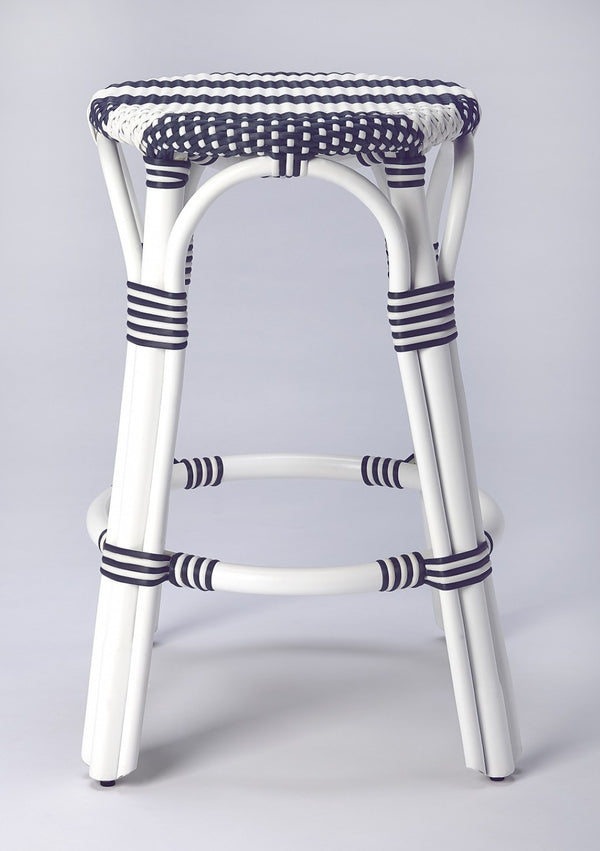 HomeRoots 24" Stylish Blue & White Rattan Backless Counter Stool – Perfect for Indoor & Outdoor Spaces! 389083