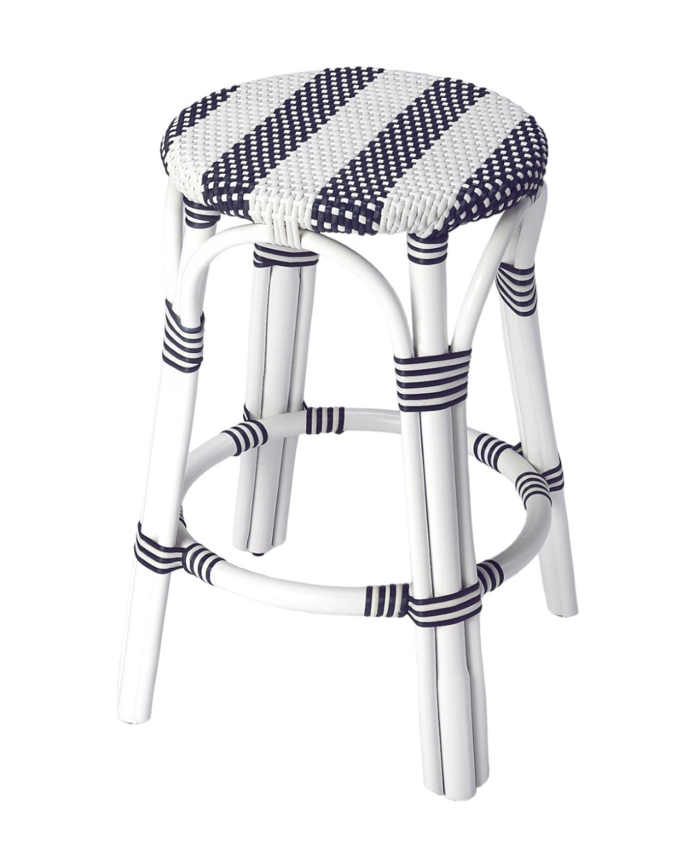 HomeRoots 24" Stylish Blue & White Rattan Backless Counter Stool – Perfect for Indoor & Outdoor Spaces! 389083