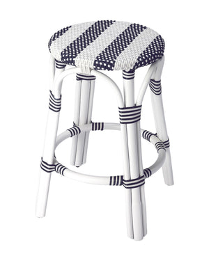 HomeRoots 24" Stylish Blue & White Rattan Backless Counter Stool – Perfect for Indoor & Outdoor Spaces! 389083
