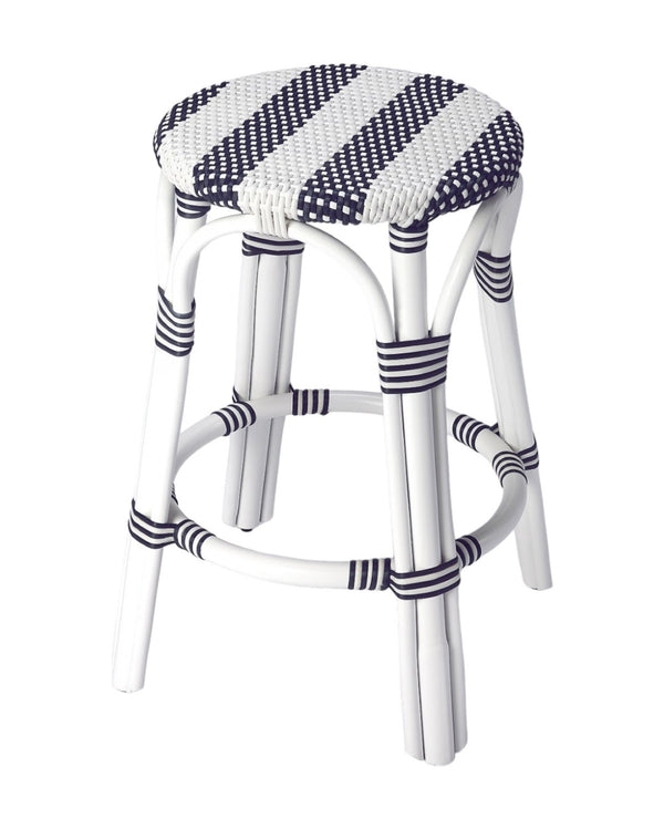 HomeRoots 24" Stylish Blue & White Rattan Backless Counter Stool – Perfect for Indoor & Outdoor Spaces! 389083
