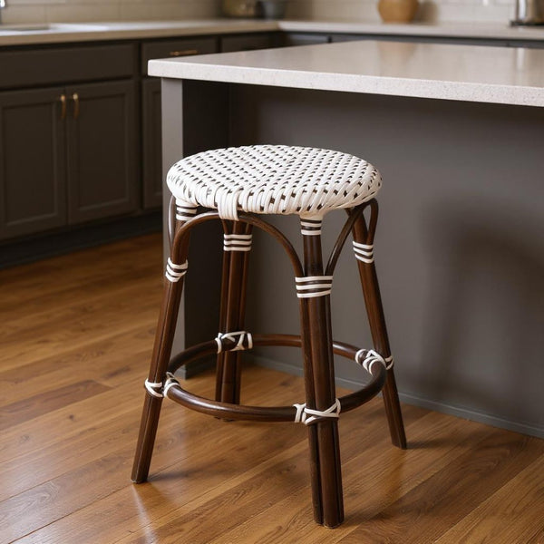 HomeRoots 24" Brown & White Rattan Backless Counter Stool - Stylish, Lightweight, Versatile for Indoor/Outdoor Use 389086